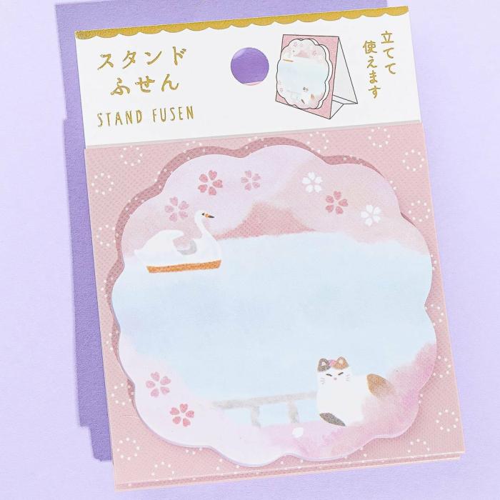 Sticky Notes |  Sakura Lake View Neko Sticky Notes With Stand Stationery Sticky Notes