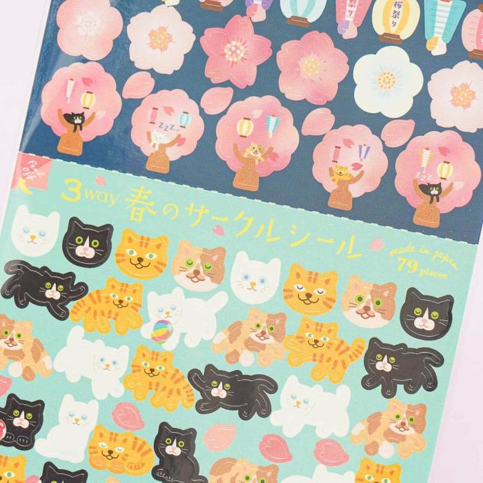 Tapes & Stickers |  3 Way Circle Stickers – Yozakura And Cat Stationery Tapes & Stickers